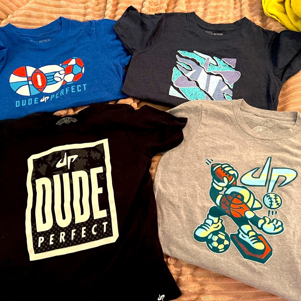 Lot of 4 Dude Perfect t-shirts, YOUTH size MEDIUM.